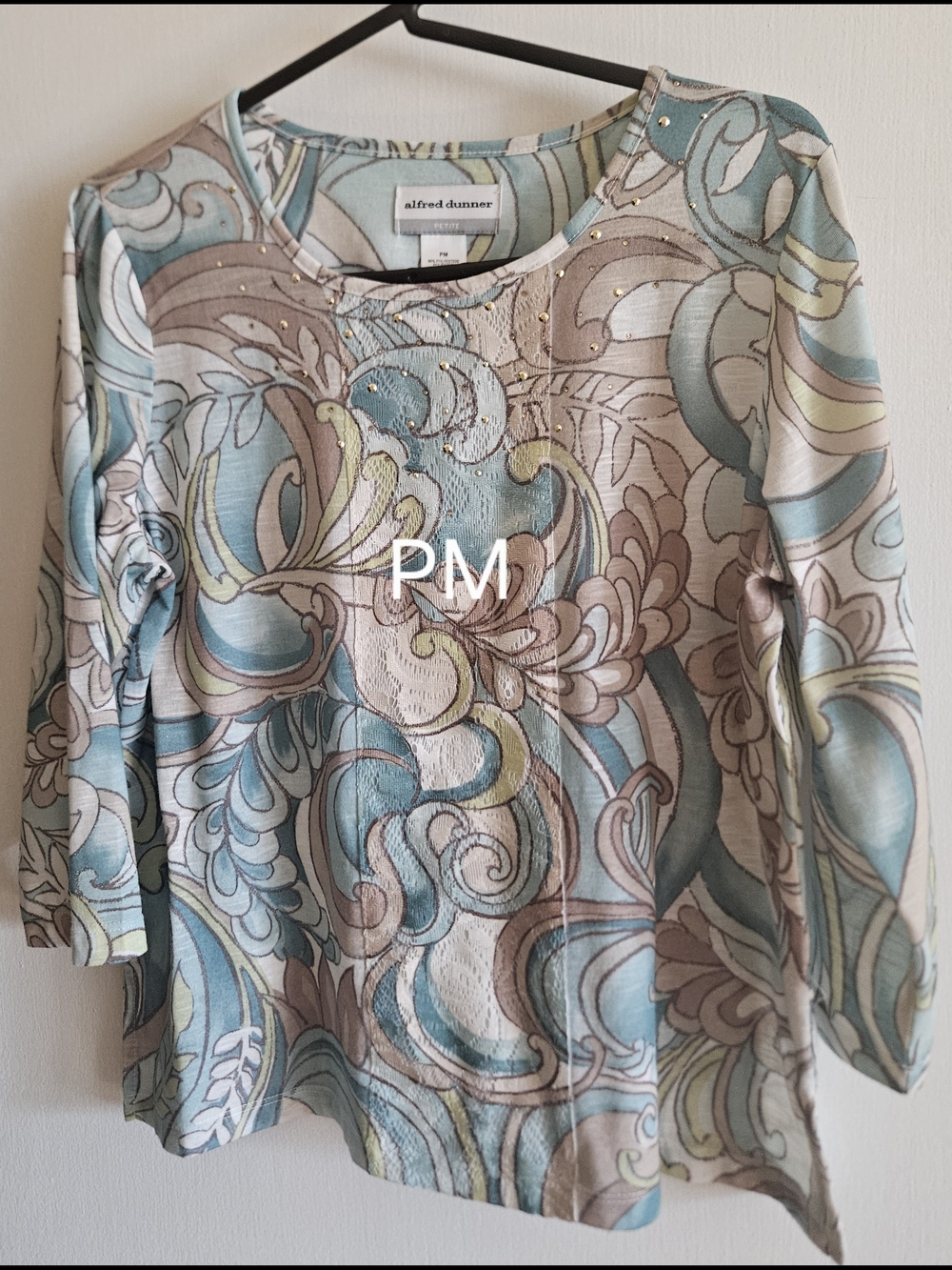 Alfred Dunner Teal and Beige Paisley Long Sleeve Top